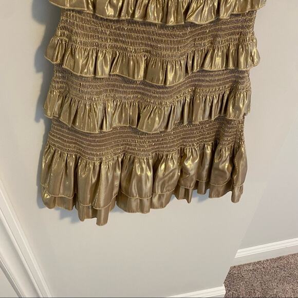 V. Chapman Gold Metallic Smocked Tiered Puff Sleeve Mini Dress 0 - Picture 12 of 16